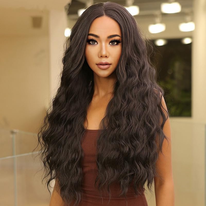 Women wig Heat Resistant Fiber long curly Wig (Dark brown)