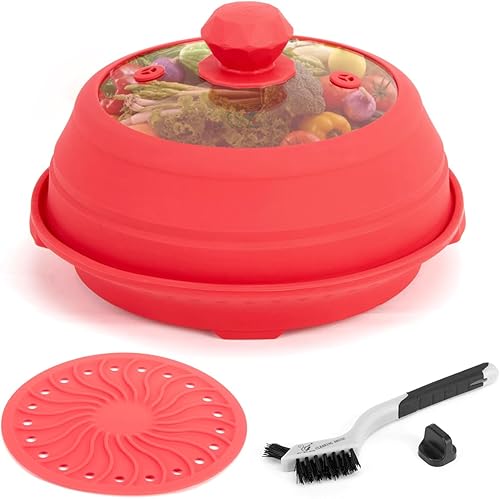 Funda de silicona plegable para microondas, tapa de salpicaduras multifunción ventilada con plato de vidrio para cocinar alimentos y tocino, apto