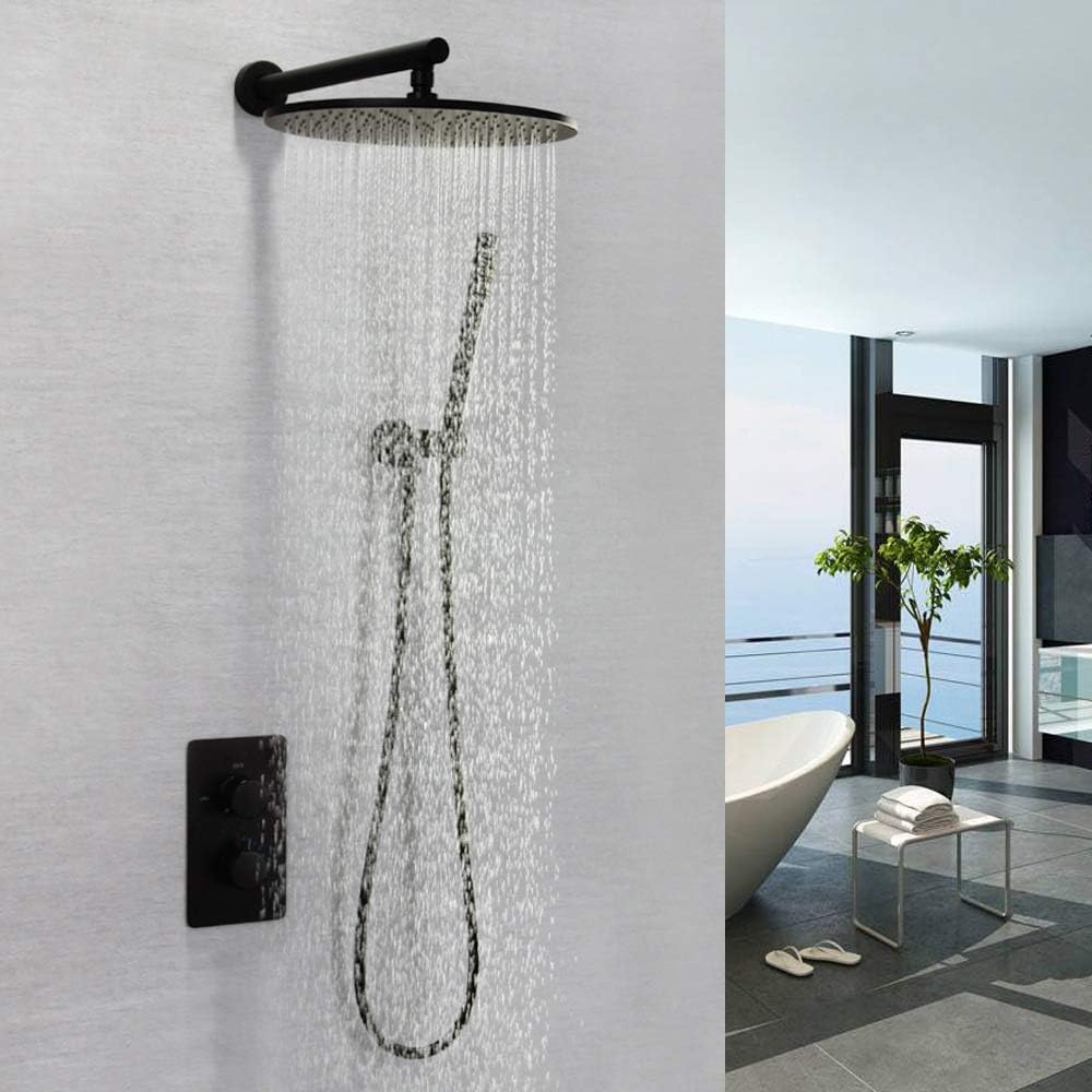 Shower Set Brass Embedded Matt Black Wall-Mounted Thermostatic Shower Head Handheld Shower System Round Top Spray Nozzle Pre-Embedded Box Mixer Head Fixed Showerheads Bathroom