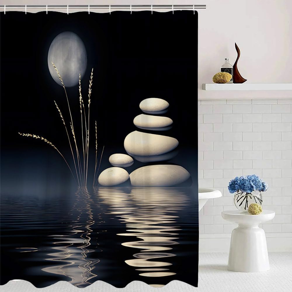 Zen Stone Shower Curtain Asian Japanese Spa Moon Black Minimalist Fabric Bathroom Decor Curtain with Hooks, 70Wx90H