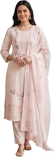 INDO ERA Women's Floral Embroidered Straight Pure Cotton Kurta Pant with Dupatta Set Price In India
