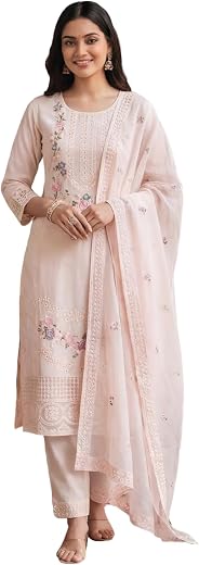 INDO ERA Women's Floral Embroidered Straight Pure Cotton Kurta Pant with Dupatta Set