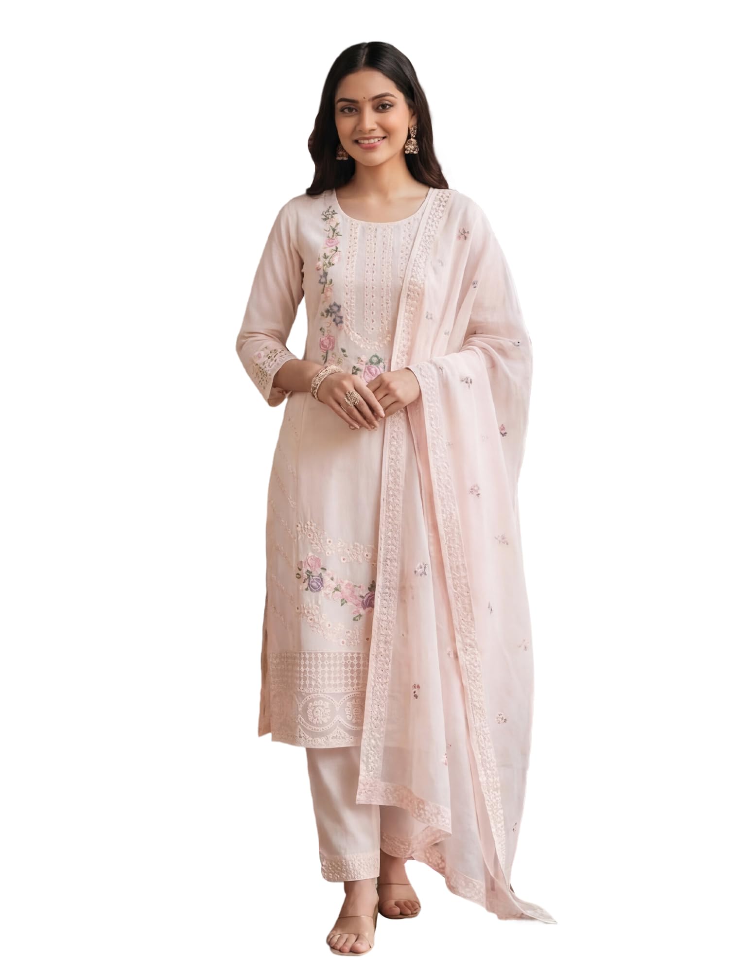 Women's Floral Embroidered Straight Pure Cotton Kurta Pant with Dupatta Set-image-41