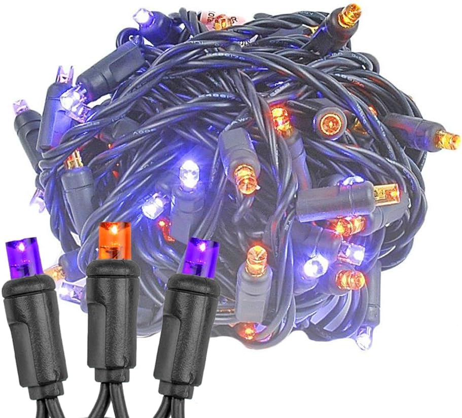 Novelty Lights 34ft Christmas String Lights, 100 Purple/Amber LED Bulbs on Black Wire, 4" Spacing, Connectable Indoor Outdoor Commercial Grade Lighting for Holidays Patio Weddings