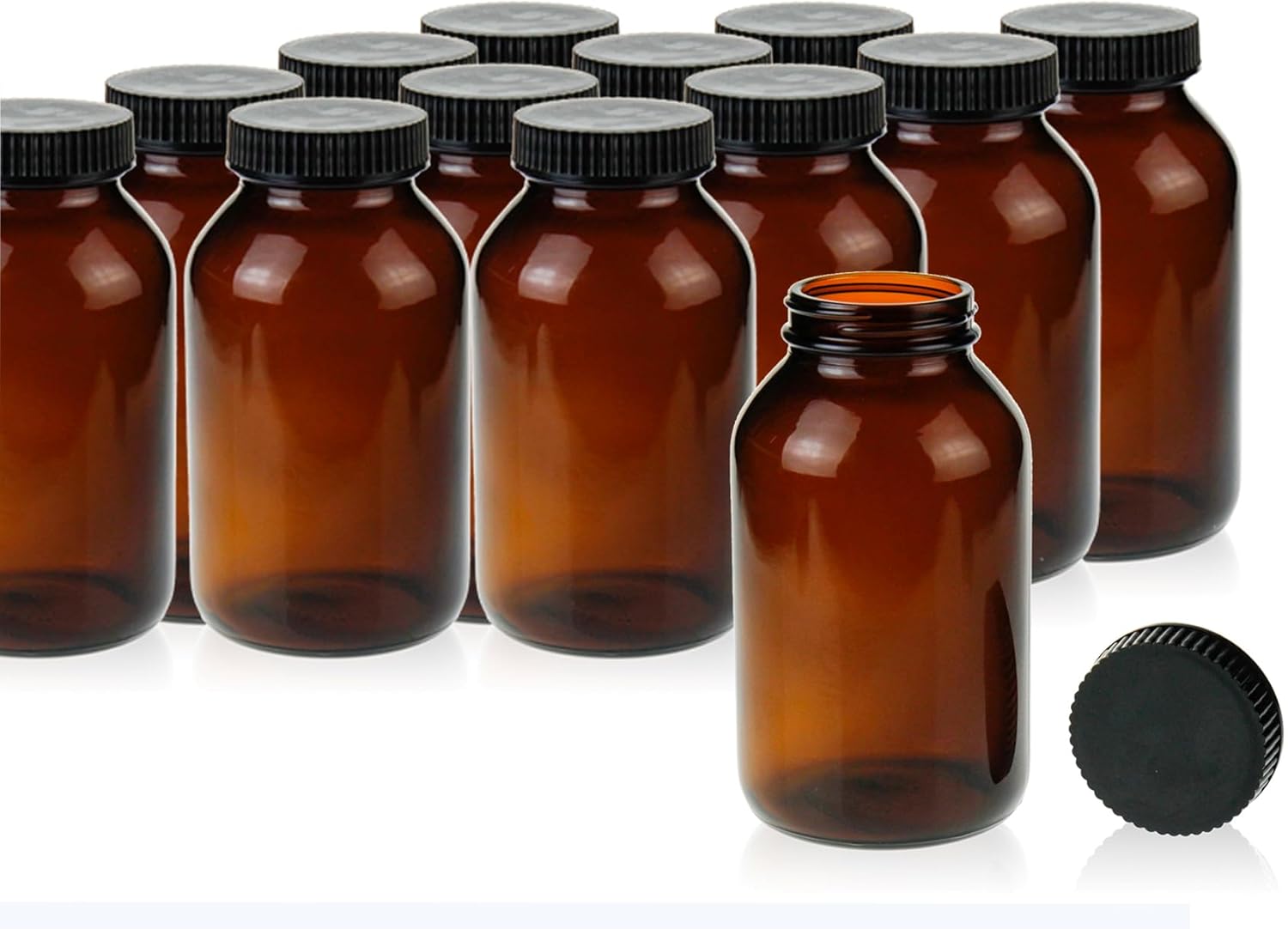 PEKYBIO 12 Pack Amber Glass Wide Mouth Packer Bottle, 500ml (16oz) Capacity with Black Screw Cap for Essential Oils, Laboratory, Sample Storage, Spices, Jewelry