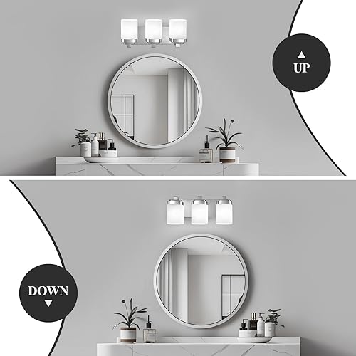 Miniatura 5 de 3 luces de tocador, accesorios de baño cromados E26 con pantalla de vidrio cuadrado blanco lechoso, apliques de pared modernos sobre espejo,