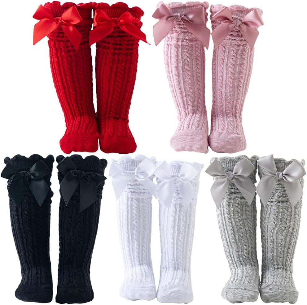 Little Girl's Knee High Socks Over Calf Kids Overknee Stockings Bow Style (H-5Pairs)