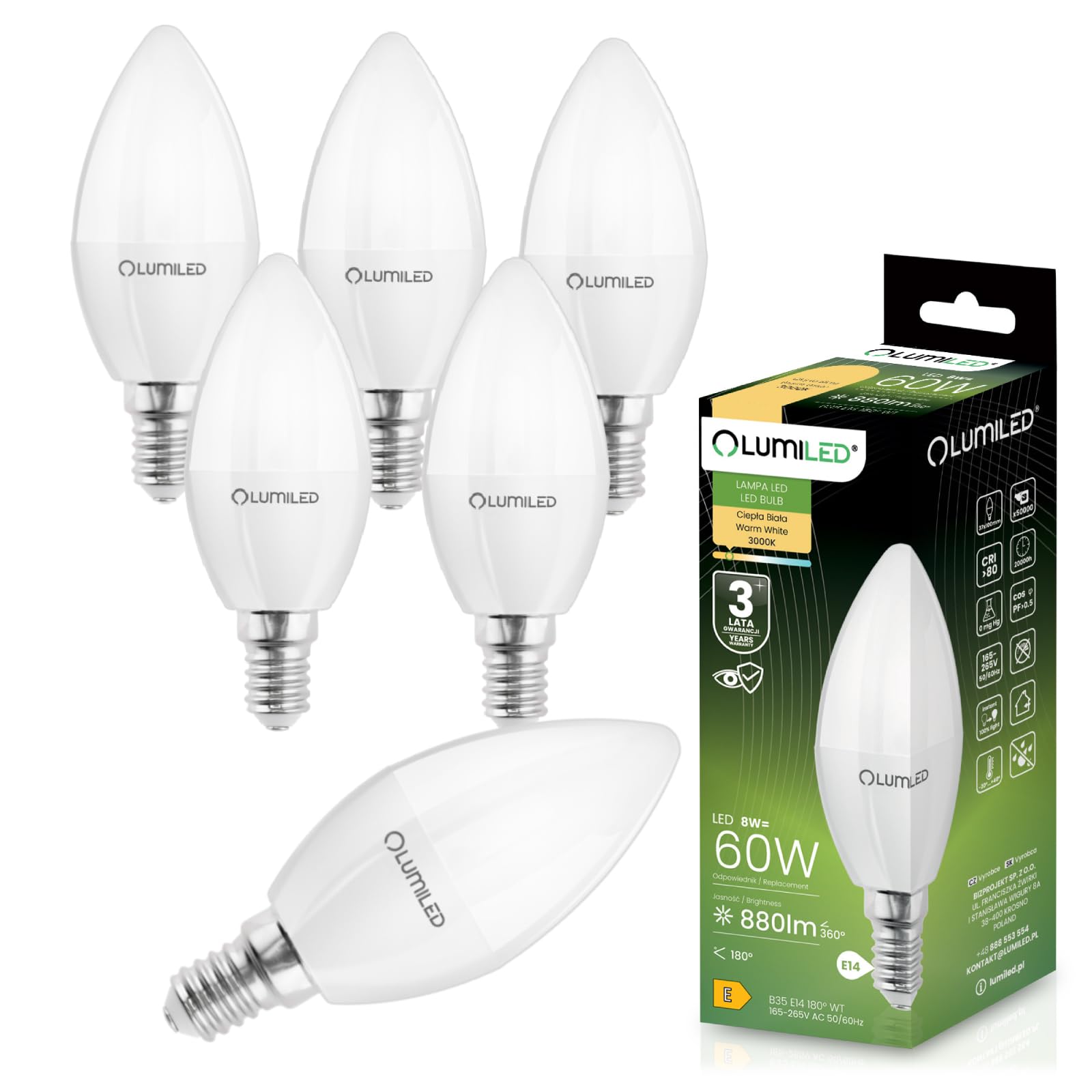 Lumiled LED E14 B35 Kerzenlampe 8W ersetzt 60W 230V 880lm 3000K Warmweiß Nicht Dimmbar für Kronleuchter und Deckenlampe – 6er Pack
