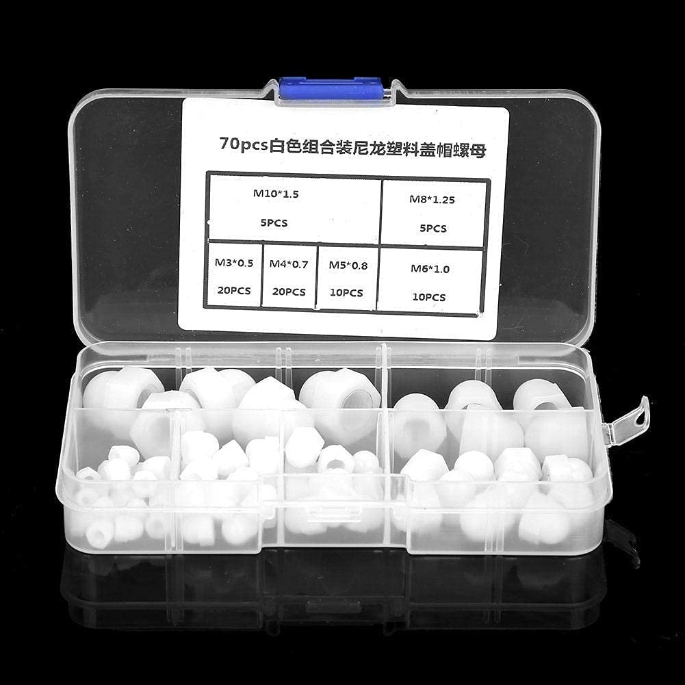 Set din Dadi, Kit Assortimento,Dado Esagonale, Tappo A Testa Bombata In Nylon,Dado Cieco A Forma di Dadi a Ghianda 70 Pezzi M3/m4/m5/m6/m8/m10 Bianca