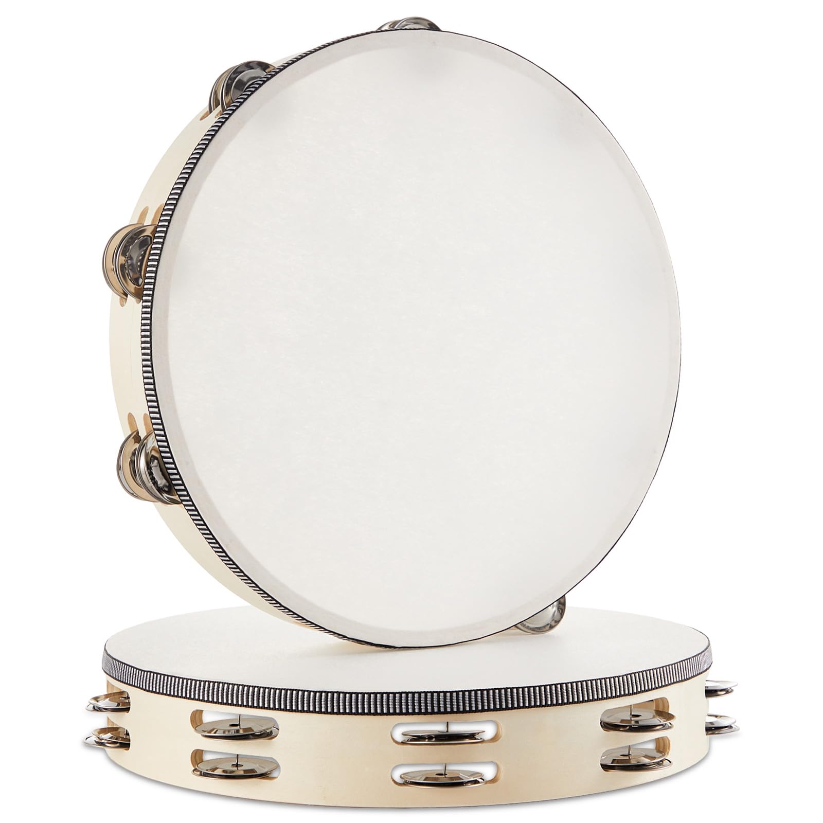Photo 1 of 2 Pcs 12 Inch Large Tambourine Drum for Adults Wooden Hand Held Drum Tambourines with Double Row Metal Jingles Percussion Musical Instrument Dance Birthday Church Wedding Party Favor Games