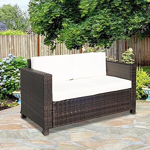 Outsunny 2 Seat Patio Loveseat Deluxe Wicker Sofa Chair Outdoor Rattan Furniture Couch All Weather with Cushion for Balcony, Deck, Garden and Poolside, Cream White
