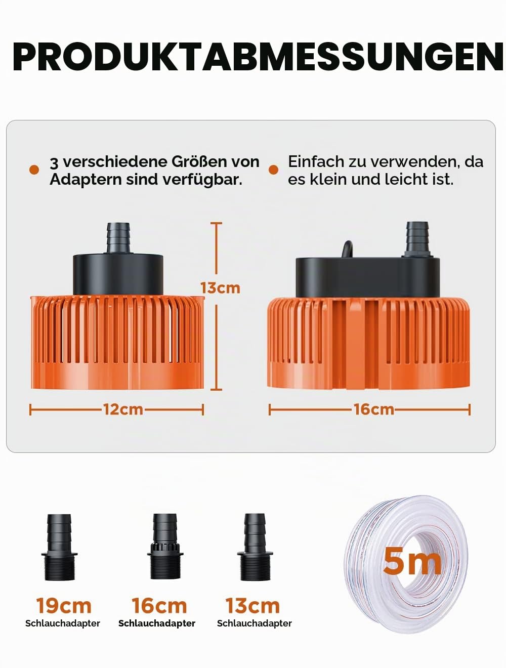 Schmutzwasser-Tauchpumpe(75 W, Ø19 mm,3.000L/H,5M mit Ablaufschlauch und 7.5M extra langem Netzkabel,3.2m max Förderhöhe,3 verschiedene Adapter) (Orange)