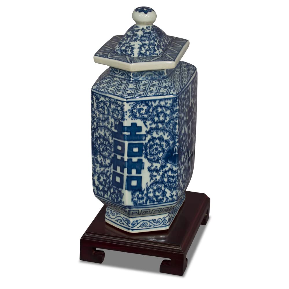 ChinaFurnitureOnline Chinese Porcelain Tea Jar, Blue and White Double Happiness Motif