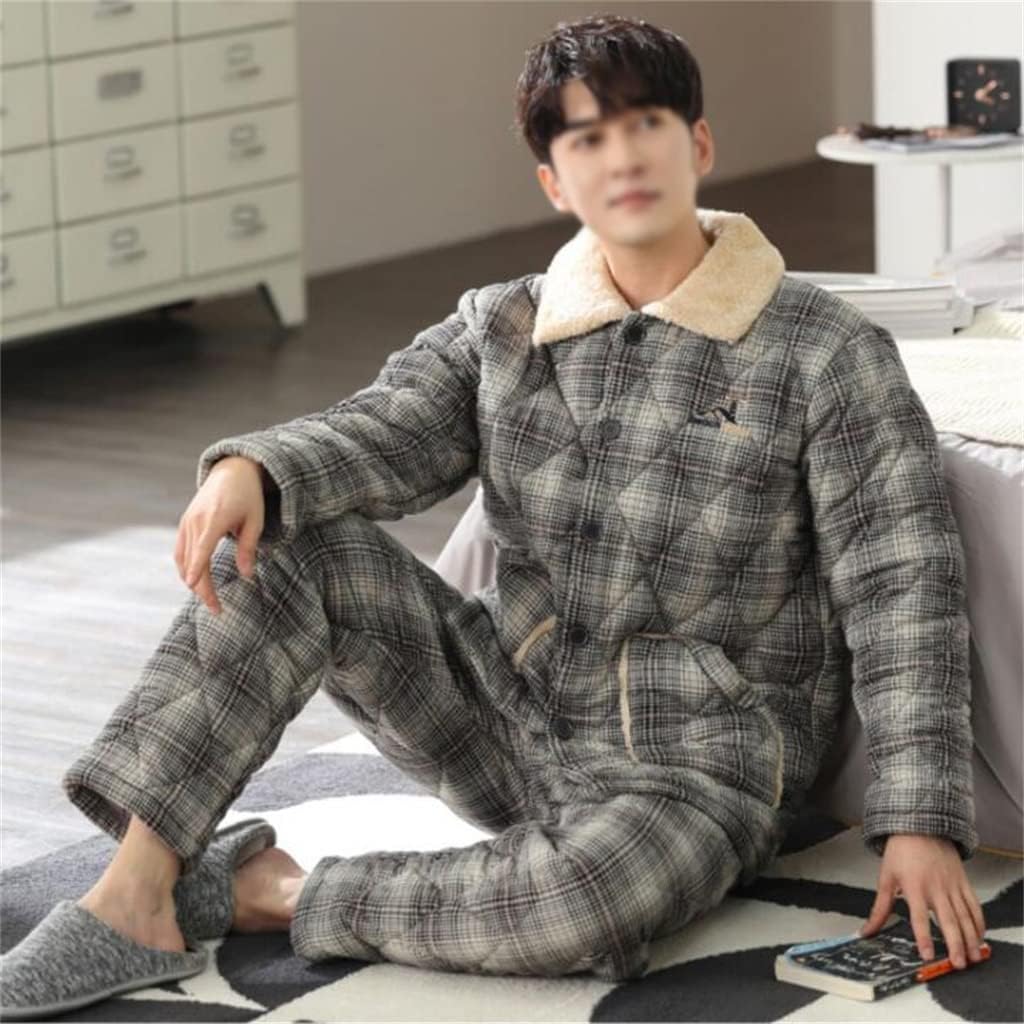 Thickened Winter Men's Pajamas Long-sleeved Cotton Three-layer Quilted Plaid Autumn And Home Service Suit