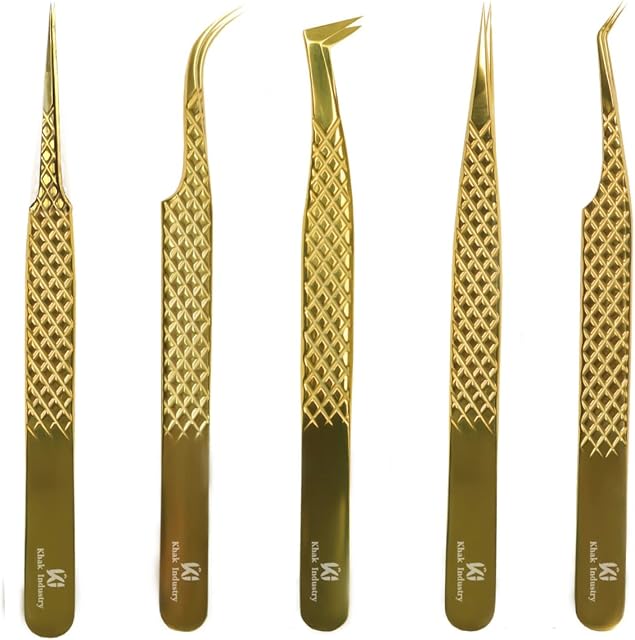 Eyelash Tweezers Professional Japanese Stainless Steel Tweezers uplift Eyelash Tweezing 5-PC Lash Extension Kit for Lifting Lashes Straight and Curved Angled Tweezers Professional-GOLD