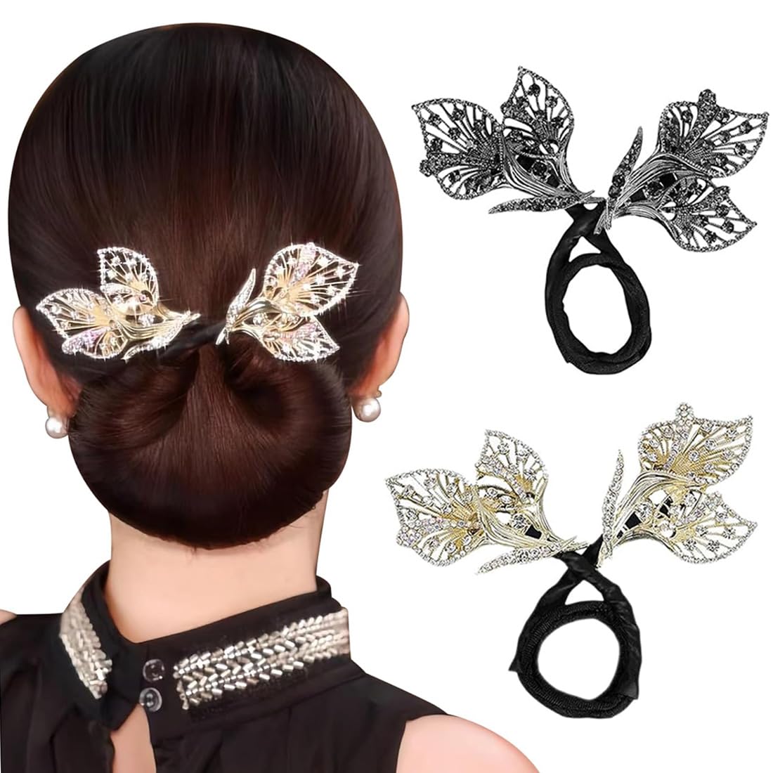 2 Piezas Gomas para el Pelo Moño Donut Herramienta de Rosquilla Giratoria, Accesorios para el Cabello de Diamantes Imitación