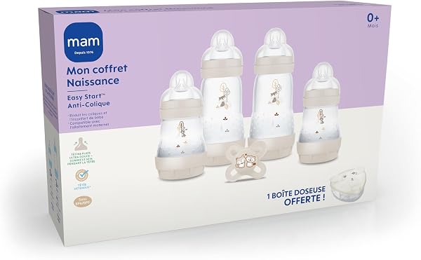 MAM|Mon coffret Naissance(6 produits)Sable 4 biberons Easy Start Anti-Colique+1 sucette Naissance+1 boîte doseuse offerte–Cadeau de naissance idéal avec biberons et tétine ultra douce-dessin aléatoire - 2