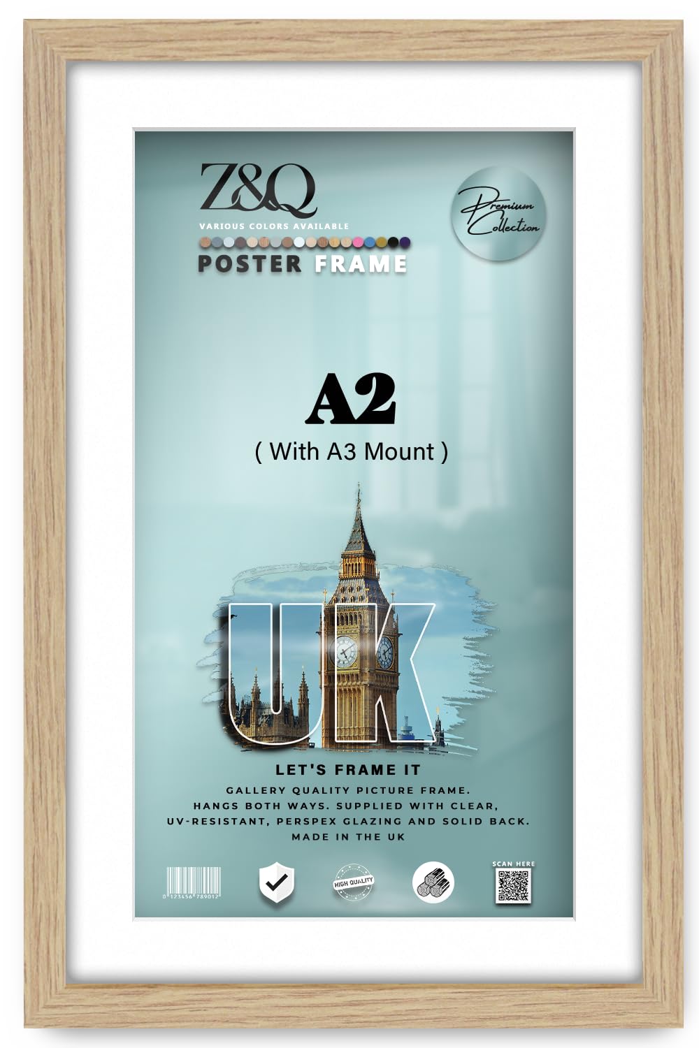 Z&Q Oak A2 Frame With A3 Mount Picture Frame Best To Display Arts Prints Paintings Canvas Wall Hanging Photo Frames Vertical Or Horizontal With 42X59.4 Cm Frame (Oak)