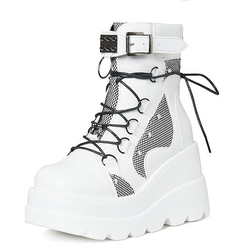 mikarka Holographic Platform Boots for Women, Lace Up Ankle Studded Buckle Goth Stacked Wedge Combat Ankle Boots