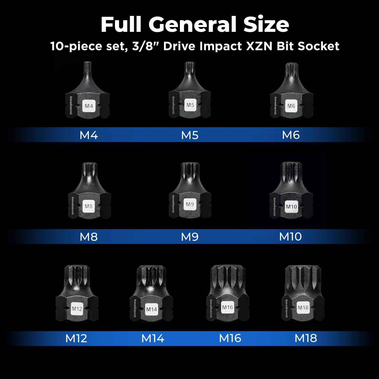 toolant 3/8"drive impact XZN Triple Square Spline Bit Socket Set 10PCS, M4-M18, S2 Steel Air Drive XZN Socket set, Impact Grade, Anti-Roll Design
