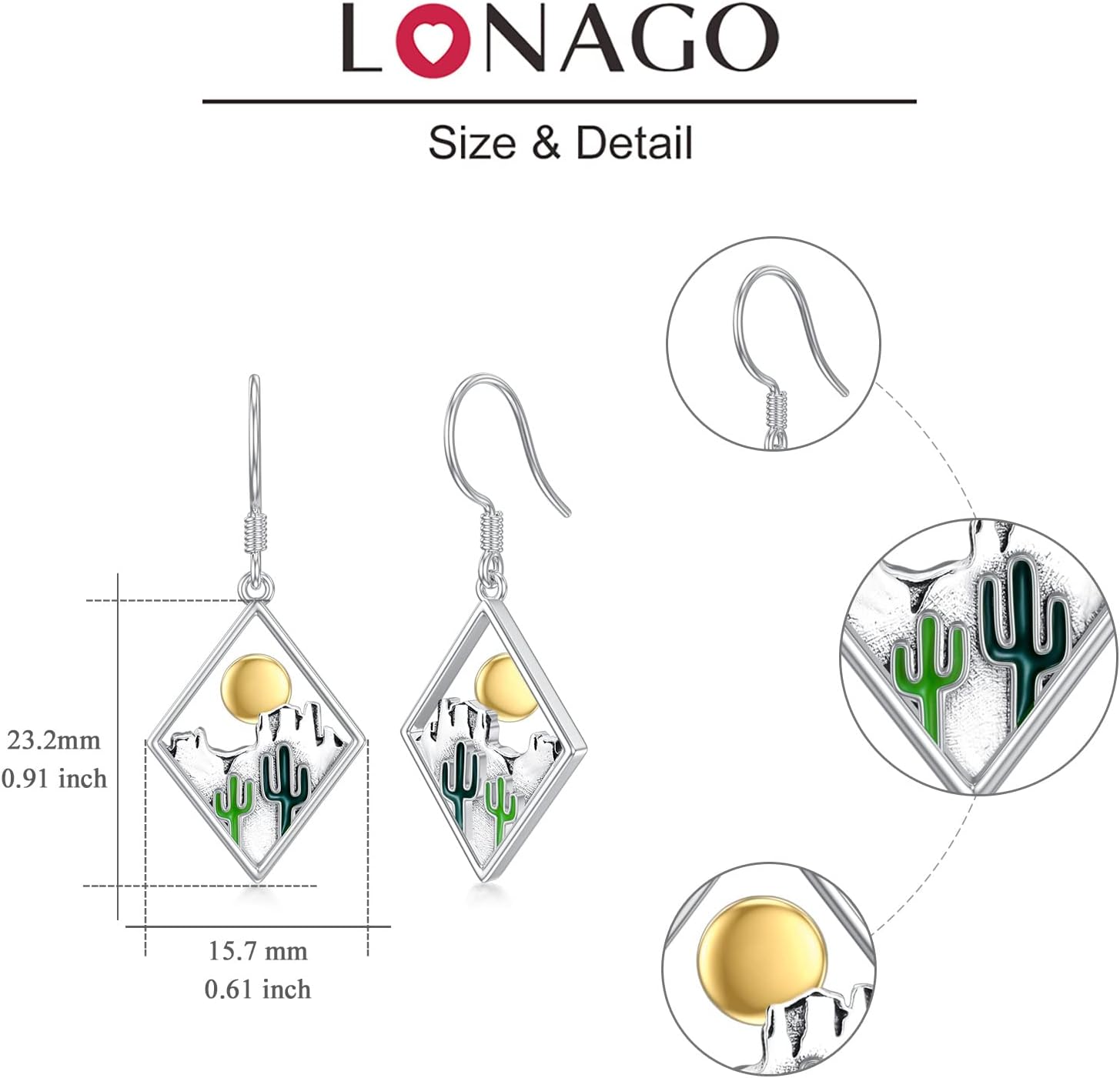 Saguaro Cactus and Sun Desert Dangle Earrings 925 Sterling Silver Dangling Drop Jewelry for Women