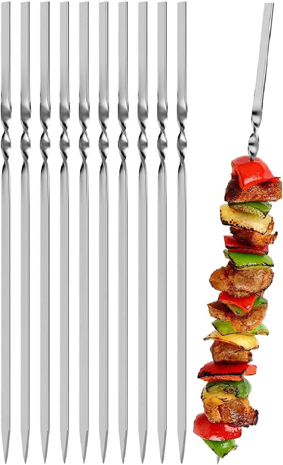 Kabob Skewers (Set of 10), Stainless Steel BBQ Barbecue Skewers Set