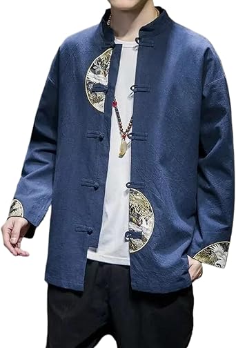 Chinese Style Mens Embroidered Jacket Long Sleeve Buckle Tang Suit Traditional Clothing