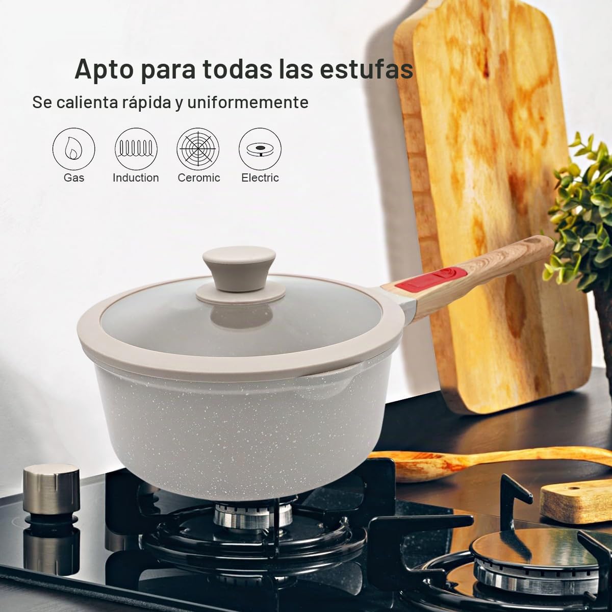 AIKENBBKK cazo de 20 cm con tapa, Aluminio Fundido con Antiadherente 2,5L con mango extraíble, Apta para todo tipo de placas, apta para lavavajillas y horno Olla para leche con vertedor((Blanca)