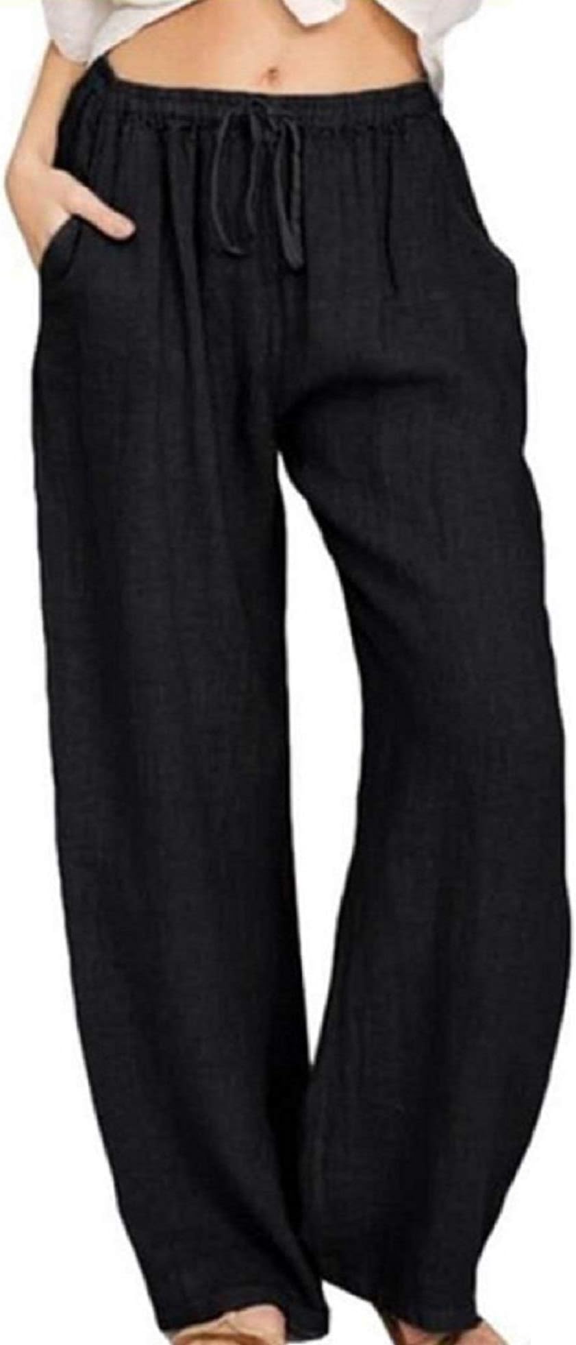 Women's Summer Drawstring Waist Wide Leg Loose Cotton Linen Palazzo Pants