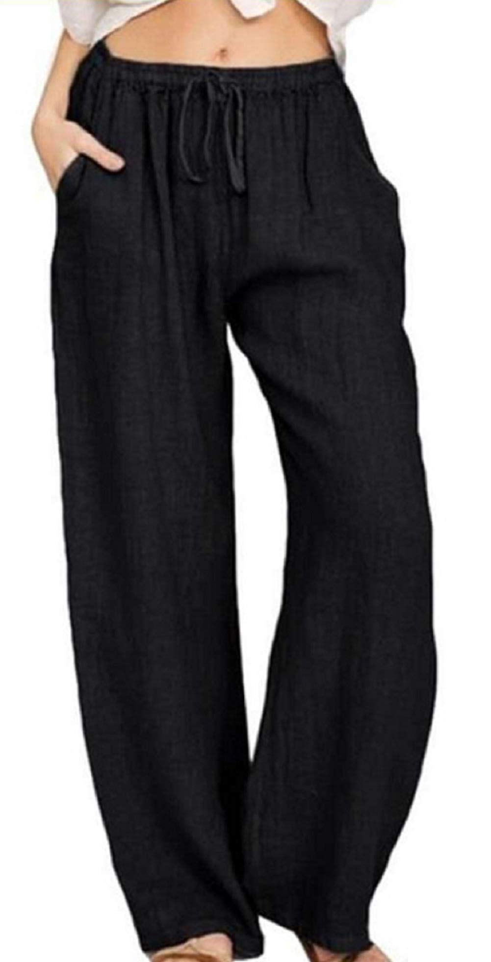 Women's Summer Drawstring Waist Wide Leg Loose Cotton Linen Palazzo Pants