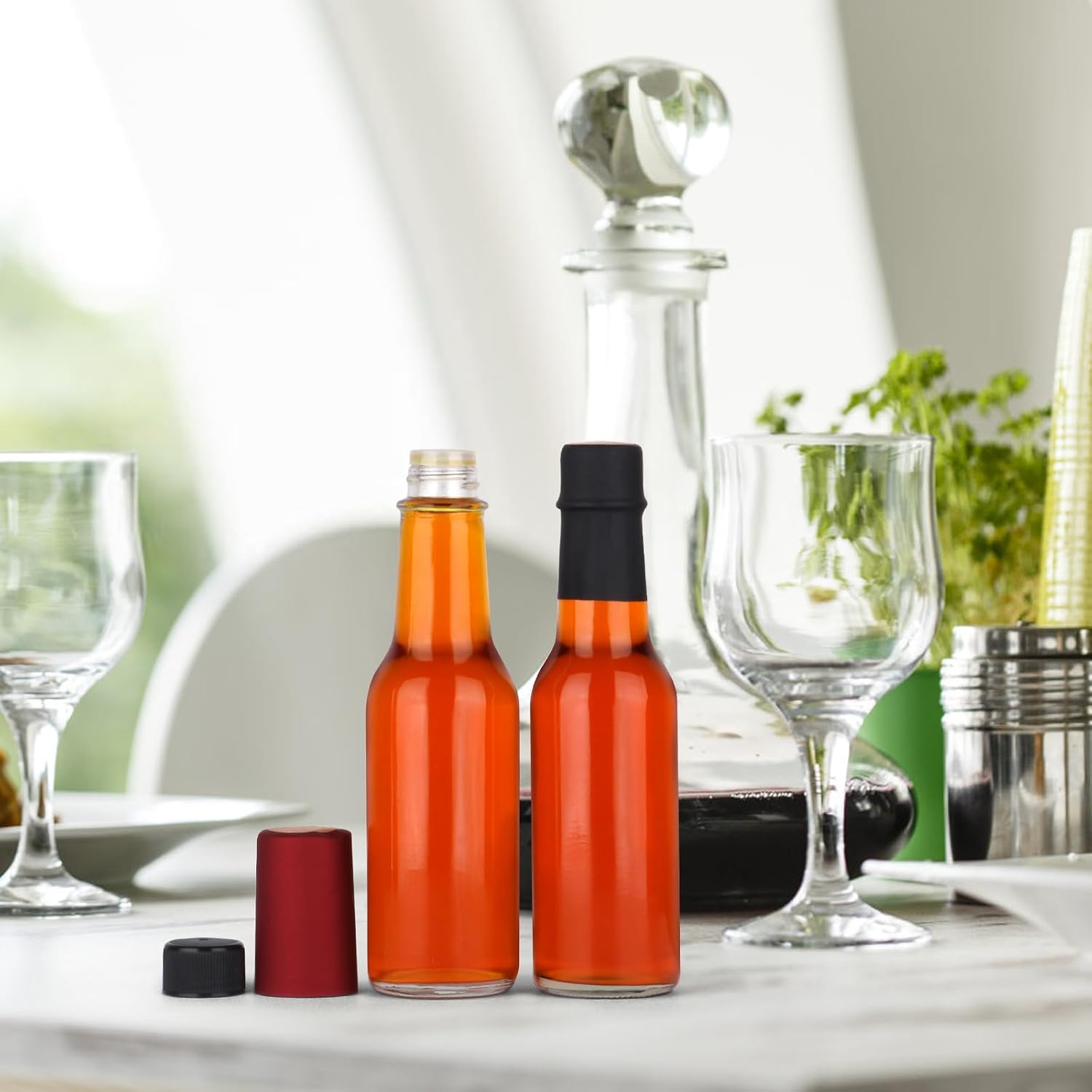 5 oz Clear Glass Hot Sauce Bottles 24-Pack with Black Lids, Leakproof