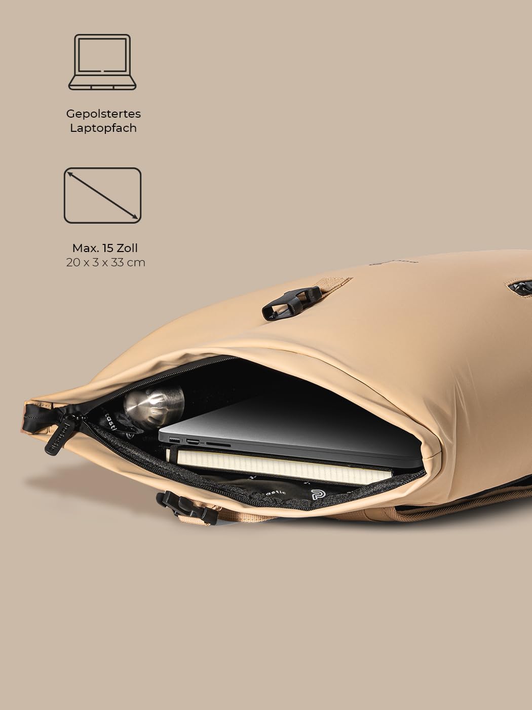 Pactastic großer Rolltop Rucksack mit Tragegriff | 660 Gramm leichter Rucksack aus wasserabweisendem veganem Tech-Material | 36 x 15 x 45 cm mit integriertem Schlüsselanhänger und Laptopfach