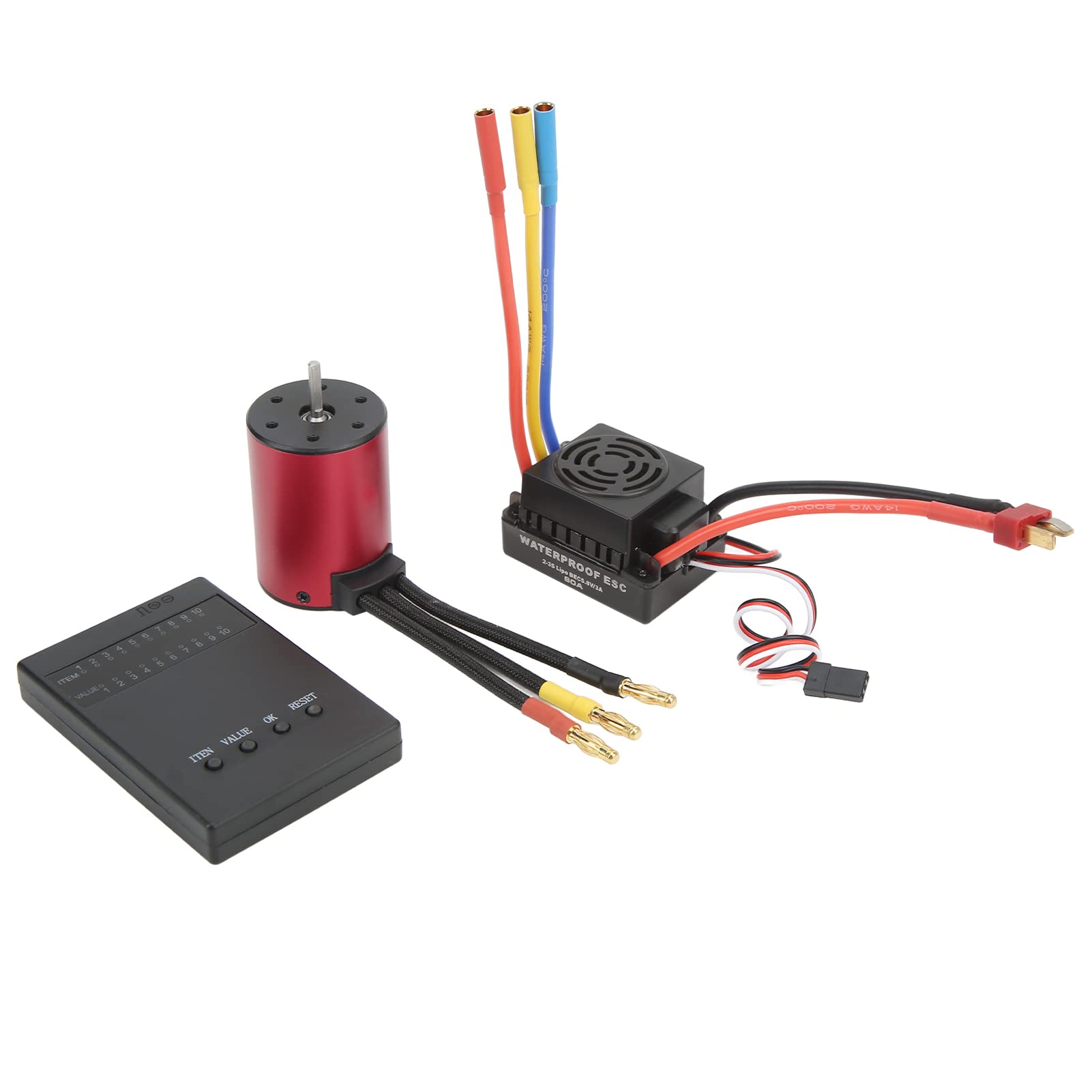 Changor Bezszczotkowy Silnik RC ESC Combo Wodoodporny 60A z kartą Programowania do Samochodów RC 1/8 1/10 Czerwony Stop Aluminium