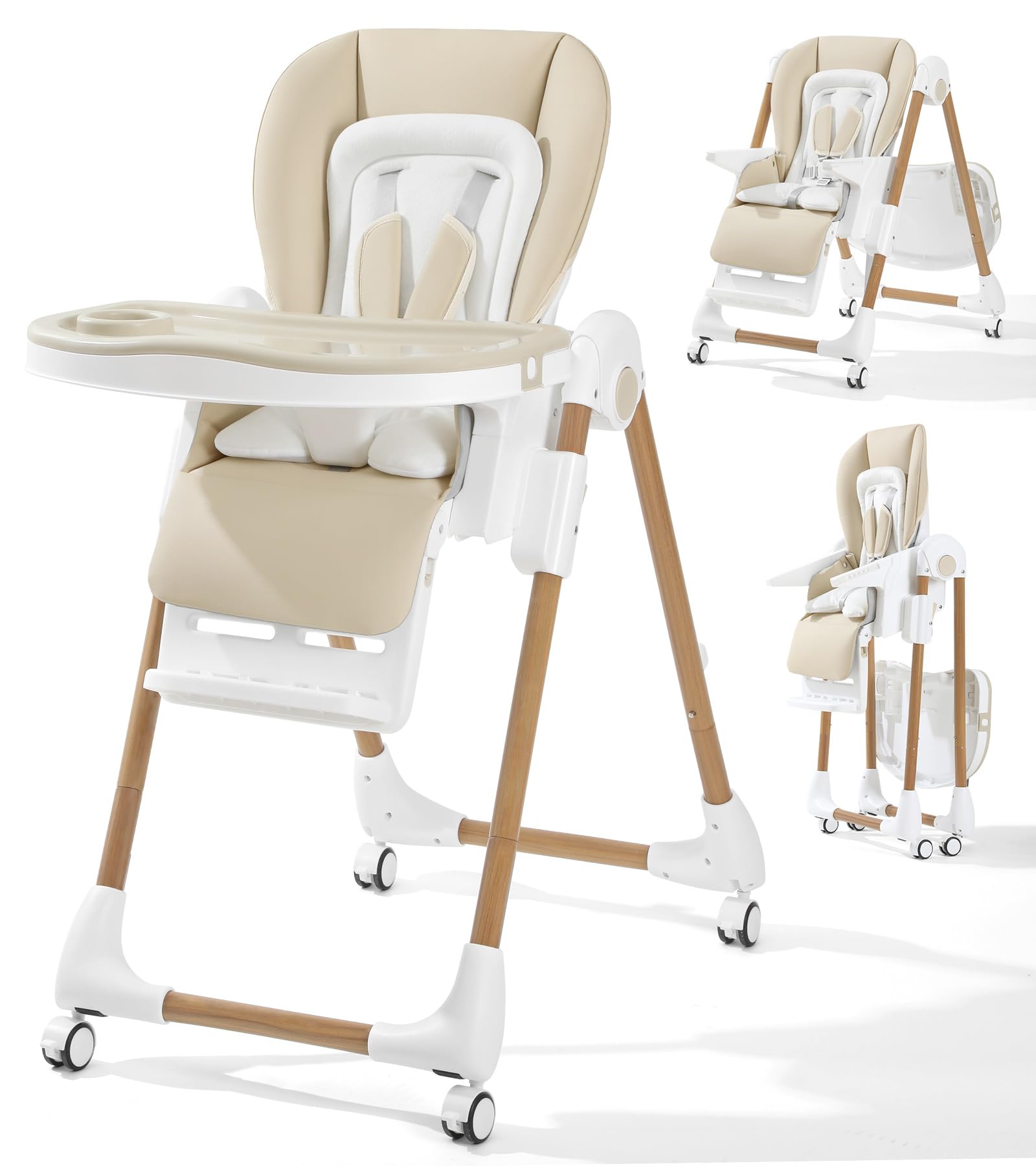 Mallify Foldable High Chairs for Babies and Toddlers, 3-in-1 Convertible Baby High Chair with Removable Soft Cushion and Tray, Adjustable Height &