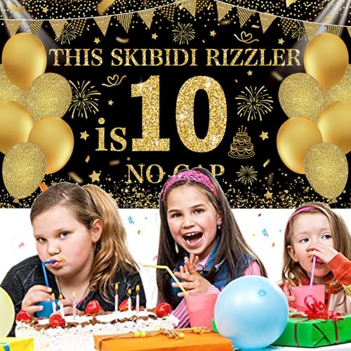 Image of Black Gold This Skibidi Rizzler is 10 No Cap Happy Birthday Backdrop Banner Photography Background Decorations for Boys Girls 10th Year Bday Party Accessories Supplies 72.8 * 43.3in