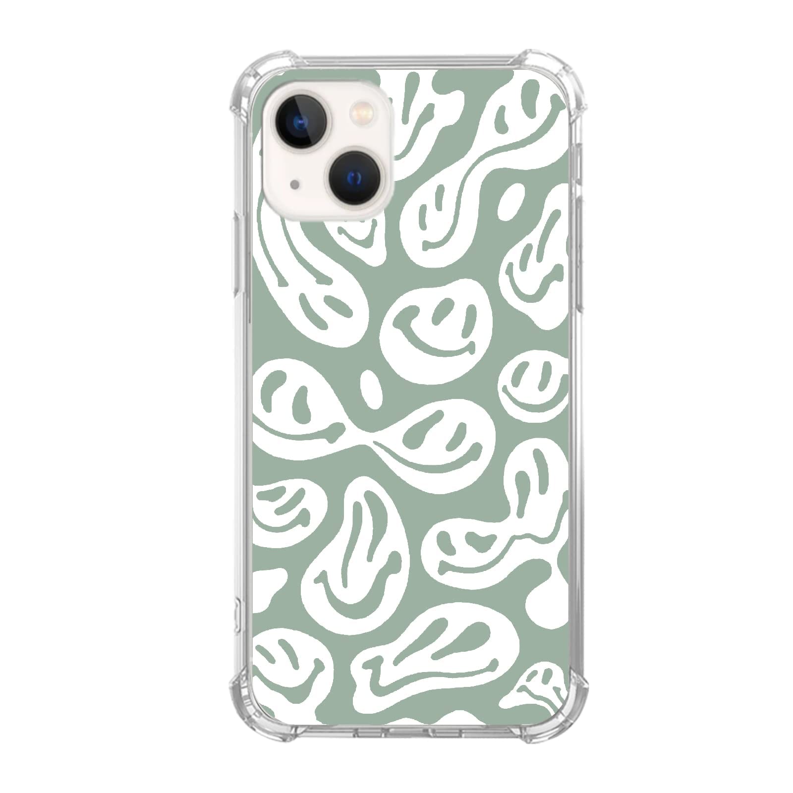 Aesthetic Sage Green Trippy Smile Face Case Compatible with iPhone 14, Cute Pastel Smile Face Case for iPhone 14 for Teens Women Men, Trendy Cool TPU Case Cover