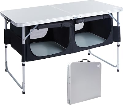 EVER ADVANCED Campingtisch Klappbar Alu Klapptisch 120 x 60cm Höhenverstellbar mit Stauraum 50KG Belastbar, Gartentisch für 4-6 Personen, Campingschrank Kleines Packmaß für Picknick Grillen Outdoor