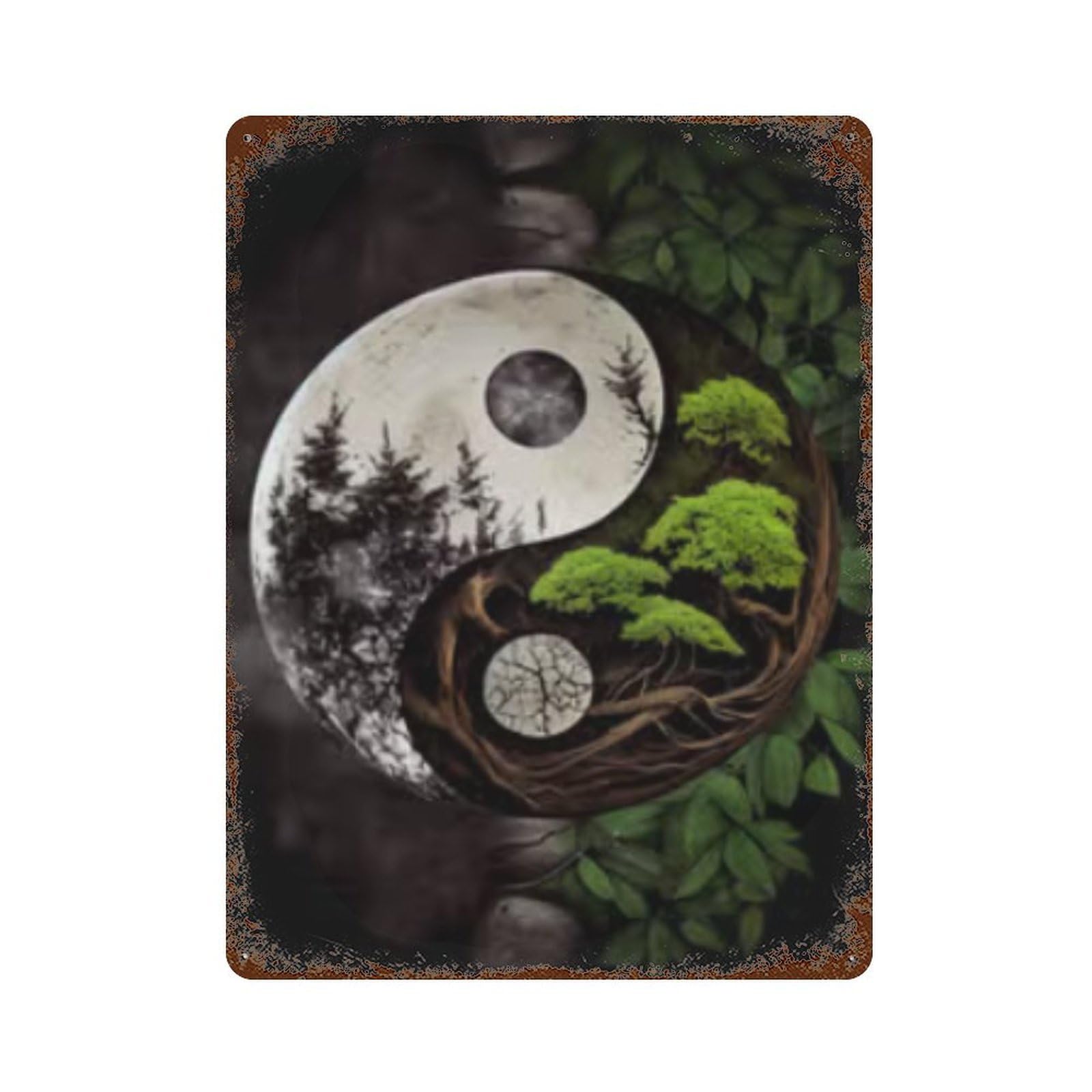 Rustic Tin Plaque Yin Yang Forest Poster 15.7"x11.8", Vintage Wall Decor for Pub, Kitchen And Man Cave Decor