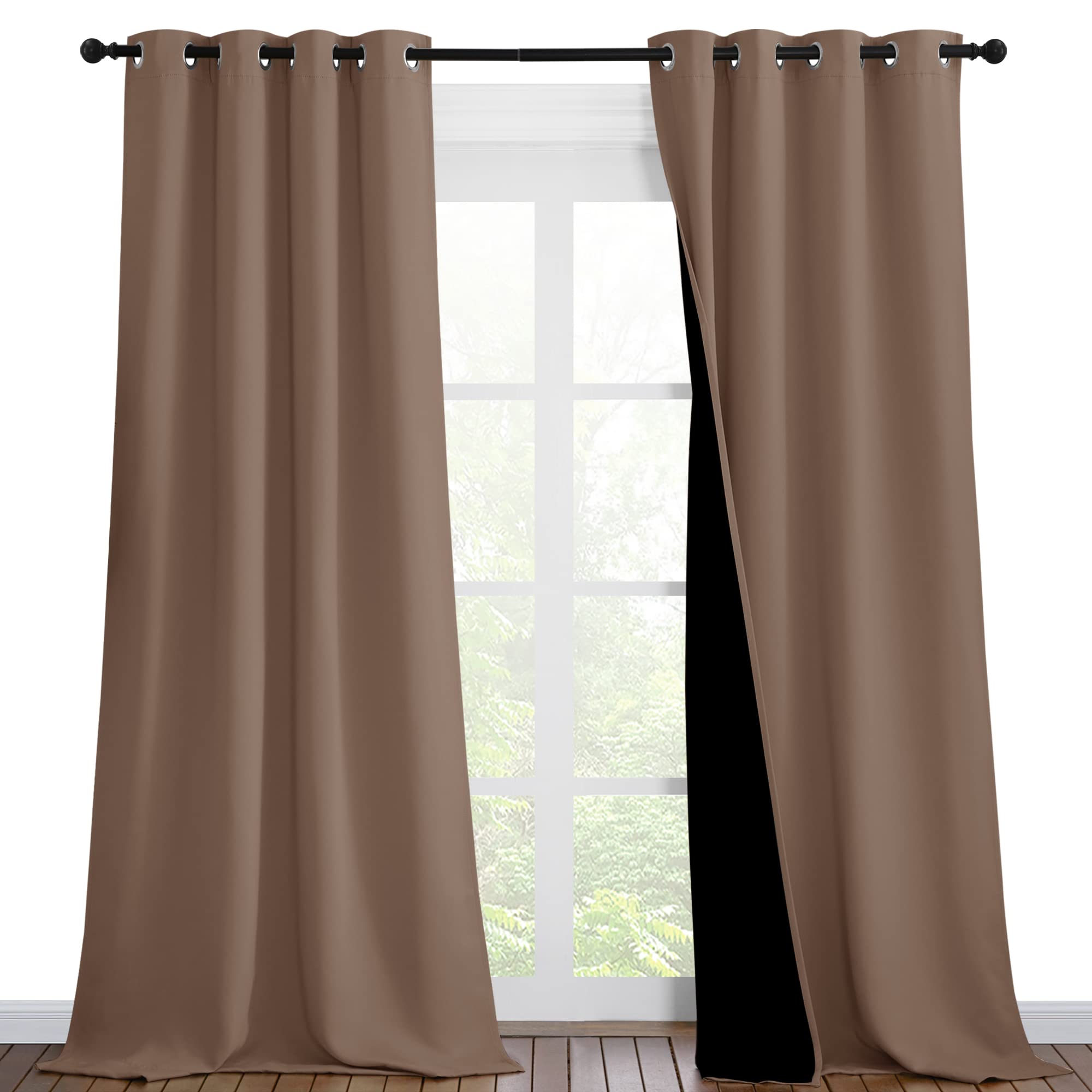 NICETOWN Room Warming Complete Blackout Shades for Large Window Door, 100% Blackout Window Curtain Panels with Black Lined, 46 inches Width Each Panel, 90 inches Length, Cappuccino, Double Pieces