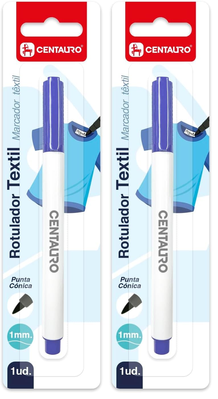 Centauro - Rotulador Textil Permanente, Negro, Punta Cónica 1mm, Perfecto para Personalizar Textiles, Ropa o Material Escolar de Niños (Paquete de 2)