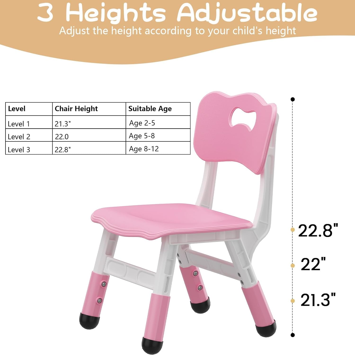 2-Pack Height Adjustable Kids Plastic Chairs, Ergonomic Backrest Kids Chairs with Non-Slip Feet, 82Kg Weight Capacity, Durable Toddler Chairs for Home Kindergarten Classroom & Activities