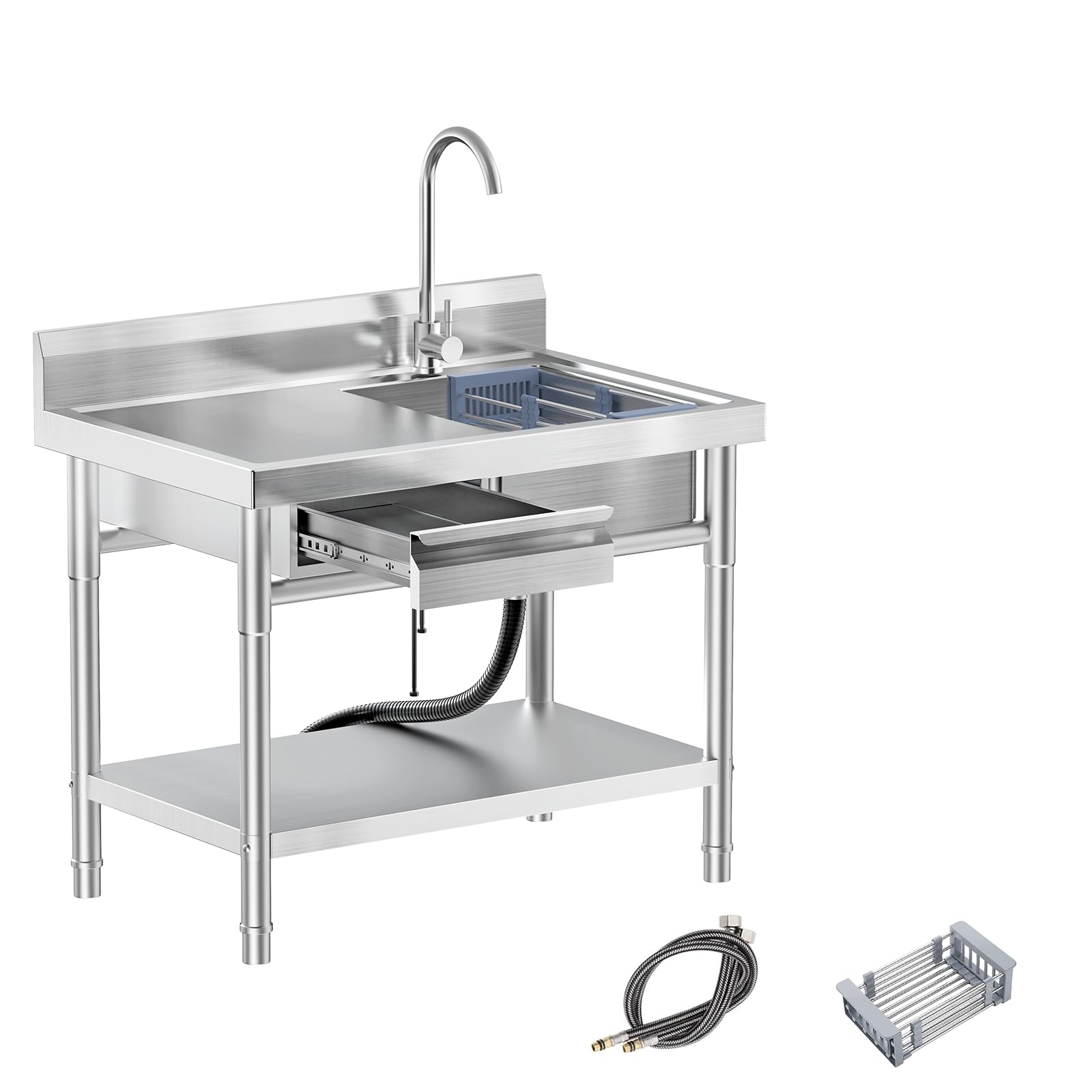 39''Freestanding Stainless Steel Utility Sink Freestanding Single Bowl Laundry Sink with Hot and Cold Water Plumbing Workbench Drawers for Laundry Room Farmhouse Indoor and Outdoor Sink