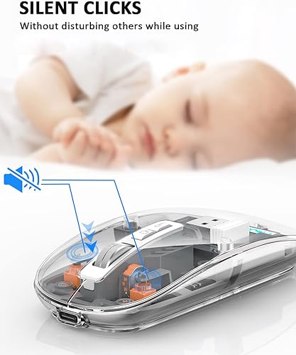 Miniatura 8 de Uiosmuph Ratón inalámbrico Bluetooth Tri-Mode (Dual BT5.1+2.4GHz) USB C recargable para computadora, mouse silencioso totalmente transparente con