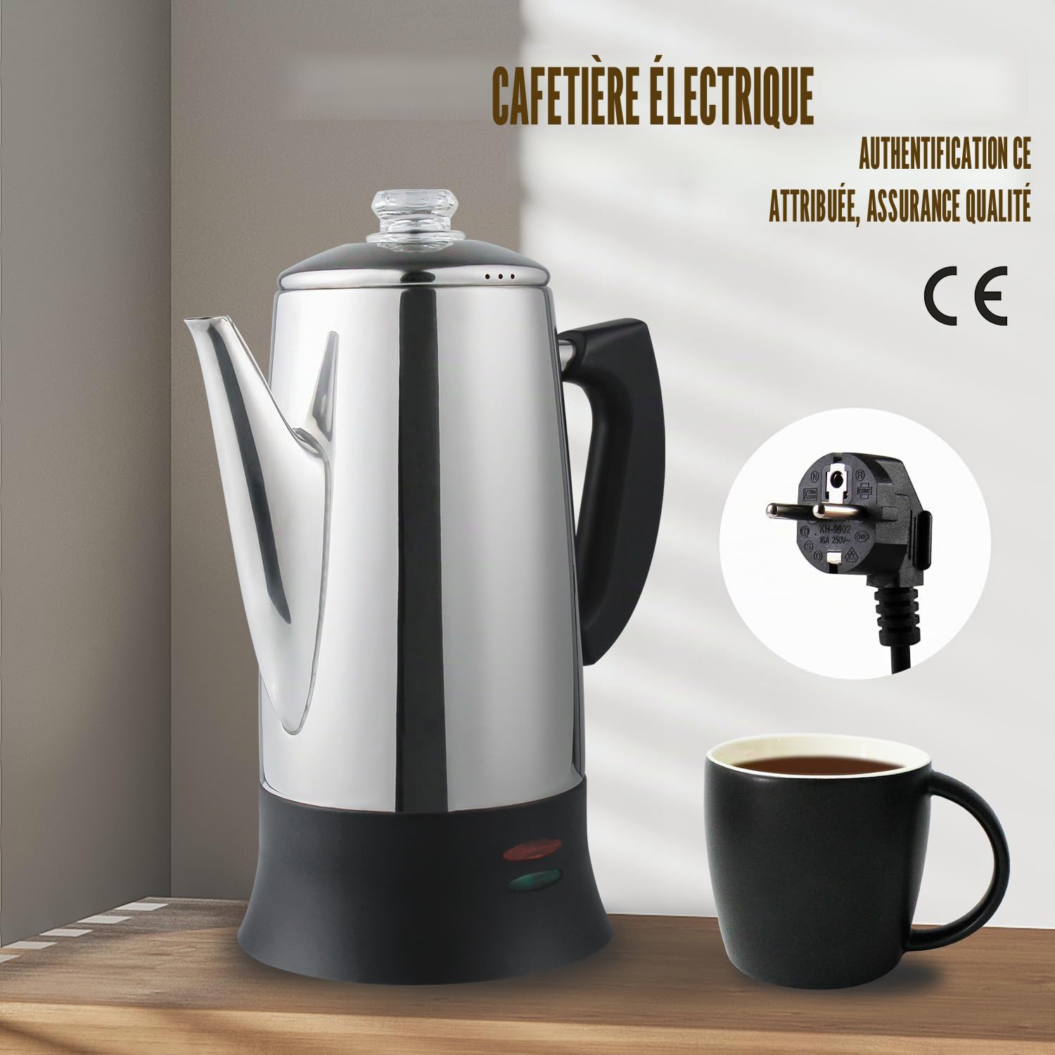 APOXCON Percolateur à café 12 tasses - Certifiée CE, cafetière classique avec fonction de service sans fil et couvercle résistant à la chaleur, Fonction de Maintien au Chaud 30 Min