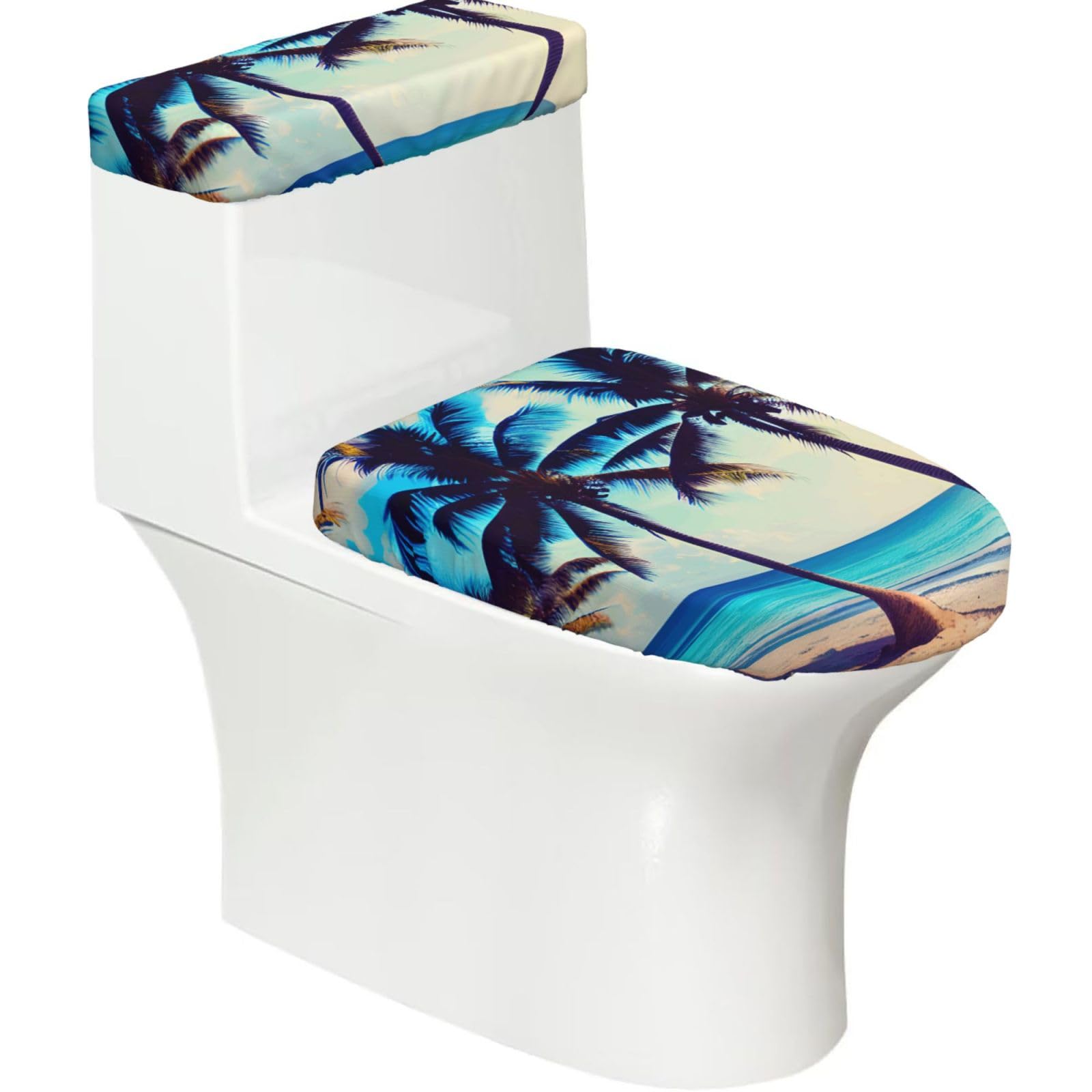 Beach Palm Trees 1 Print Stretch Toilet Covers Set, Polyester Covers Replacement For Fits Most Size Lids Bathroom Decor