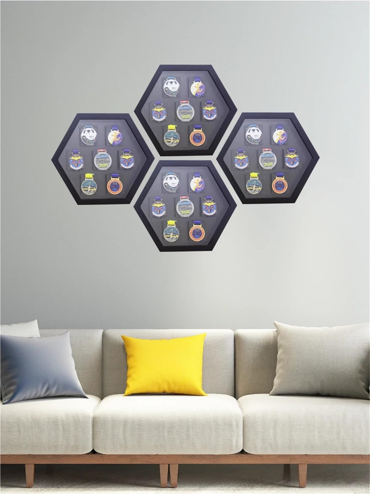 Medallero Colgador de medallas Marcos de medallas hexagonales de Madera for exhibición de maratón, Imagen montada en la Pared for Deportes, fútbol, ​​Correr, Nadar(Black)