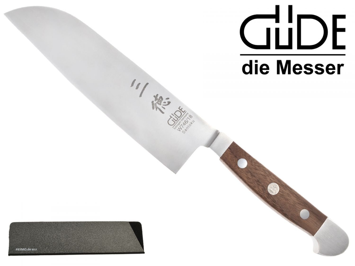 Güde Alpha Solingen Santoku 1 nóż z orzecha włoskiego, 18 cm + Prymo ochrona ostrza, nóż do warzyw
