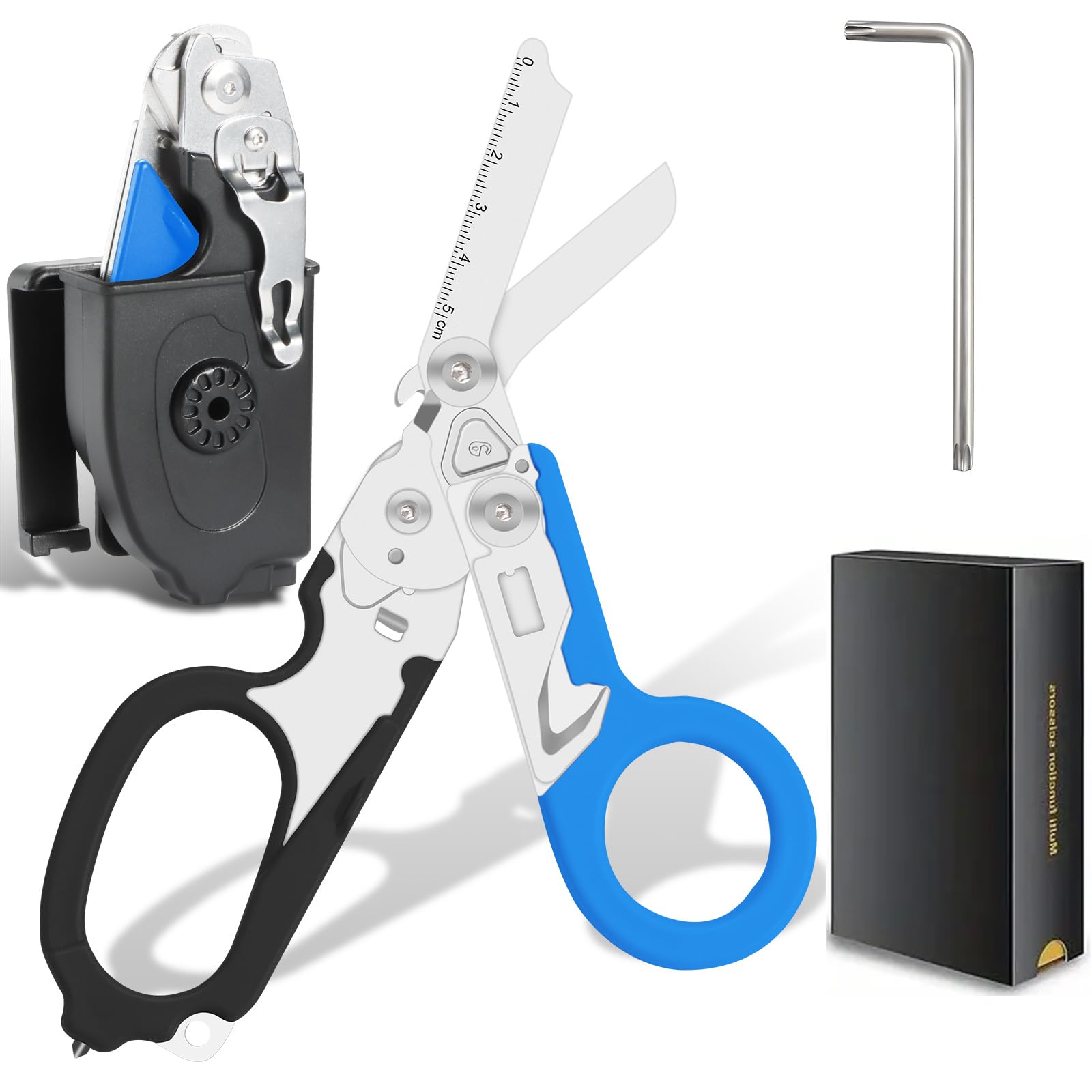 6 in 1 Emergency Response Shears Emergency Scissors Tool Stainless Steel Foldable Scissors Pliers with Strap Cutter and Glass Default (Blue & Black)