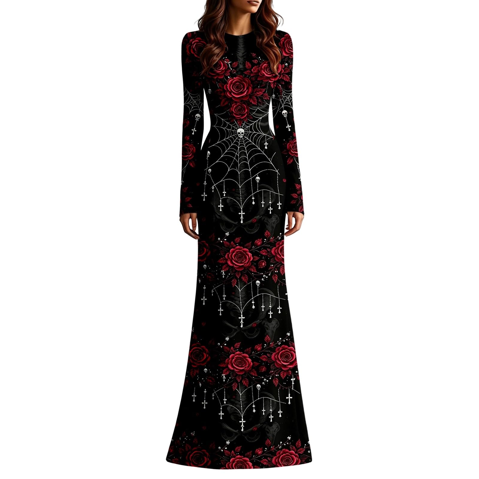 Women's Skeleton Print Mermaid Maxi Dress Long Sleeve Halloween Dresses for Women 3D Digital Print Floral Gothic Fancy Dress Costume