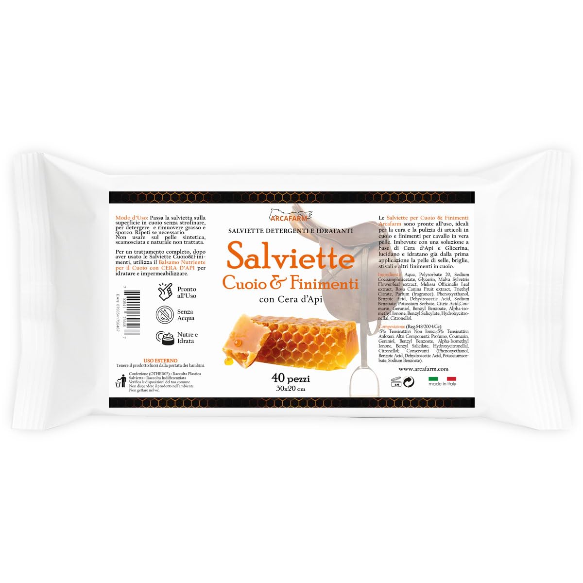 Salviette per Cuoio e Finimenti SAPOWIPE profumo Miele e Cera d'Api Arcafarm 40 Pezzi - Pulizia senza Acqua per pelle e cuoio, Selle, stivali e accessori Equitazione, azione idratante e nutriente